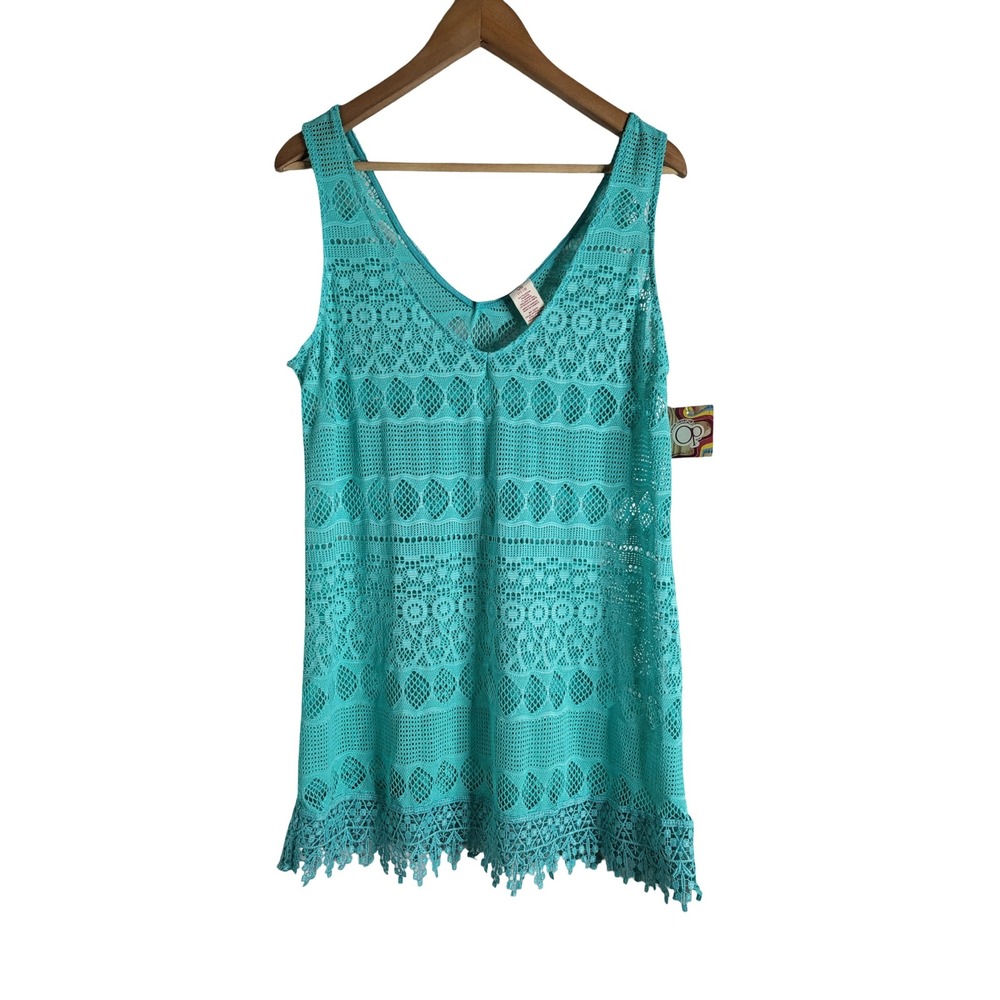 OP Ocean Pacific Mystical Aqua Crochet Lace Swim Cover Up Dress NWT Large 11-13